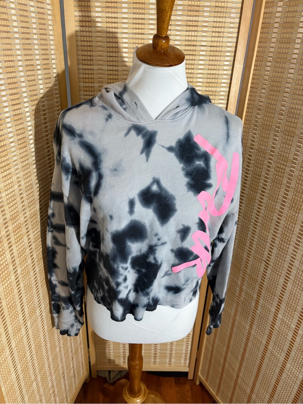 Pink/Victoria Secrets Tie-Dye Hooded Crop Sweater with Pink Script